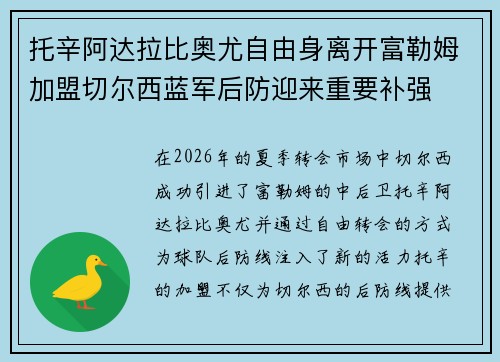 托辛阿达拉比奥尤自由身离开富勒姆加盟切尔西蓝军后防迎来重要补强