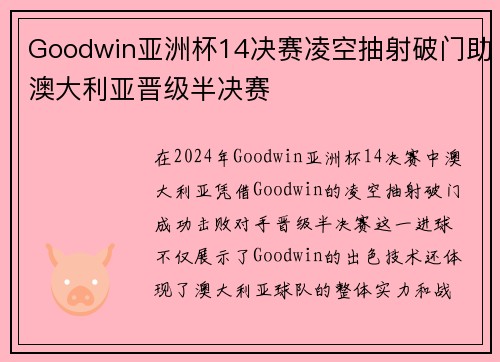 Goodwin亚洲杯14决赛凌空抽射破门助澳大利亚晋级半决赛